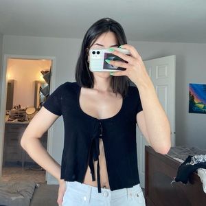 Black Tie Front Sweater Top